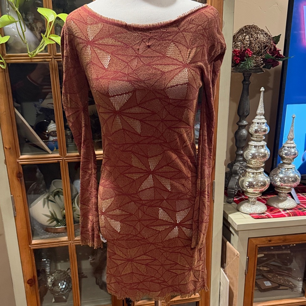 Issey Miyake Red and Tan Geometric Long Sleeve Dress